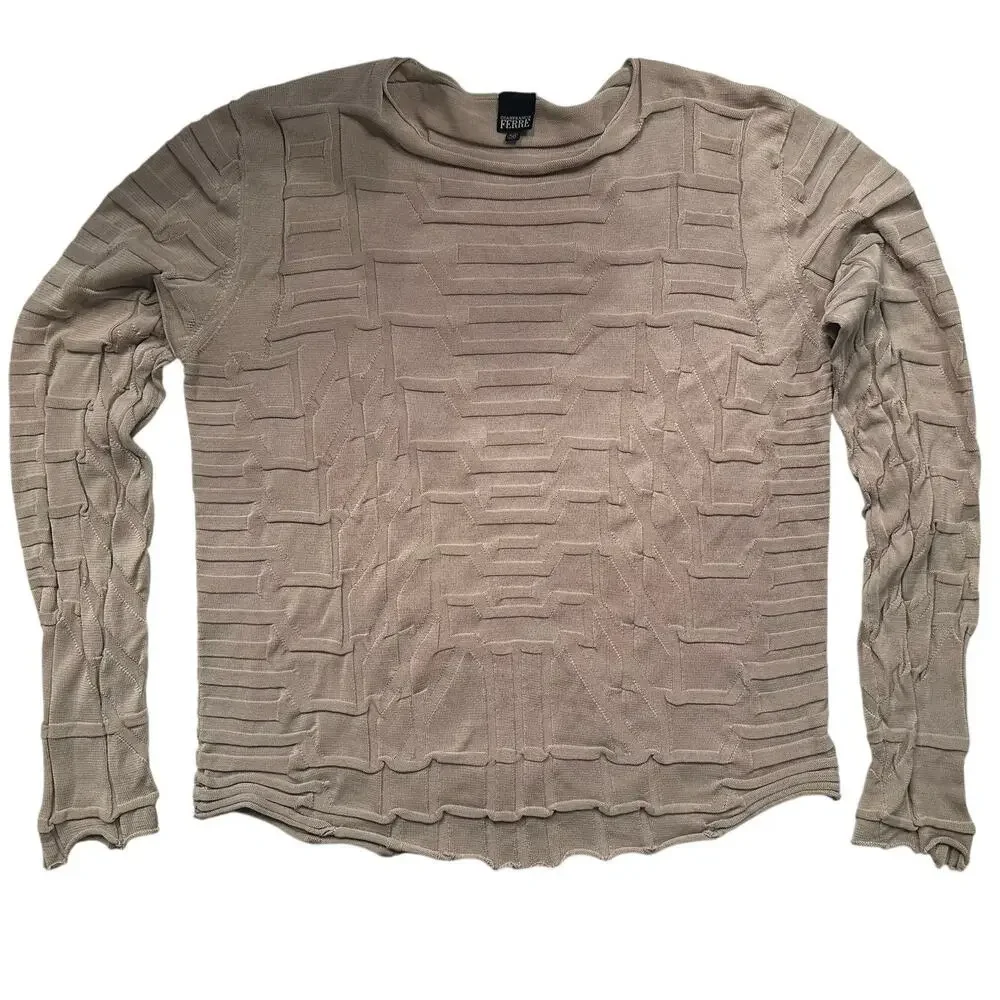 Archival Gianfranco Ferré Geometric Textured Knit Pullover  IT 56 Beige Italian